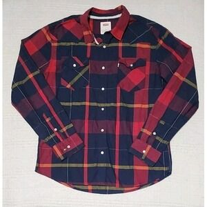 Levi's Standard Fit Red Blue Plaid Pearl snap button up western shirt size large